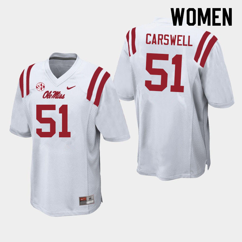 Women #51 Flip Carswell Ole Miss Rebels College Football Jerseys Sale-White